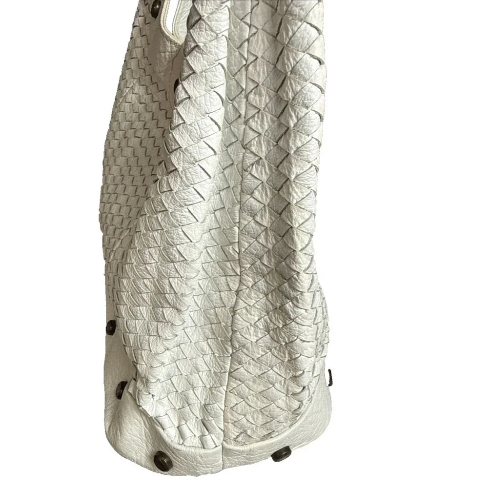 Plinio Visona Italy White Woven Leather Hobo Bag Tote Brass Studs Bottega Style